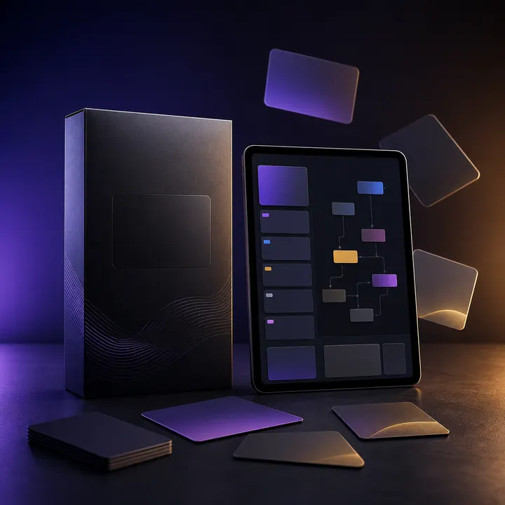 Mockup digital do Kit IA Pronto com tablet e cartões organizados